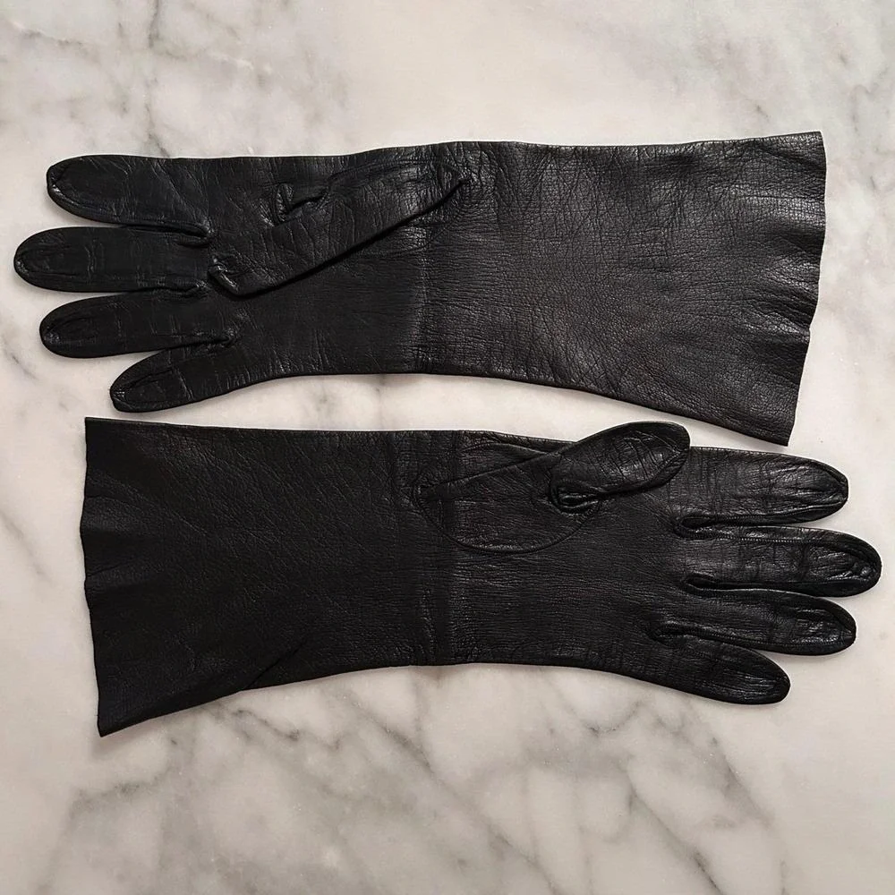 Womens Vintage Black Leather Dress Gloves Made in France for Lazarus 1960's